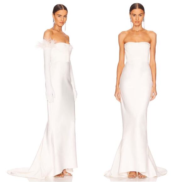 Bronx and Banco Elena Strapless Feather Gloves White Bridal Maxi Dress Sz Large - Picture 4 of 14